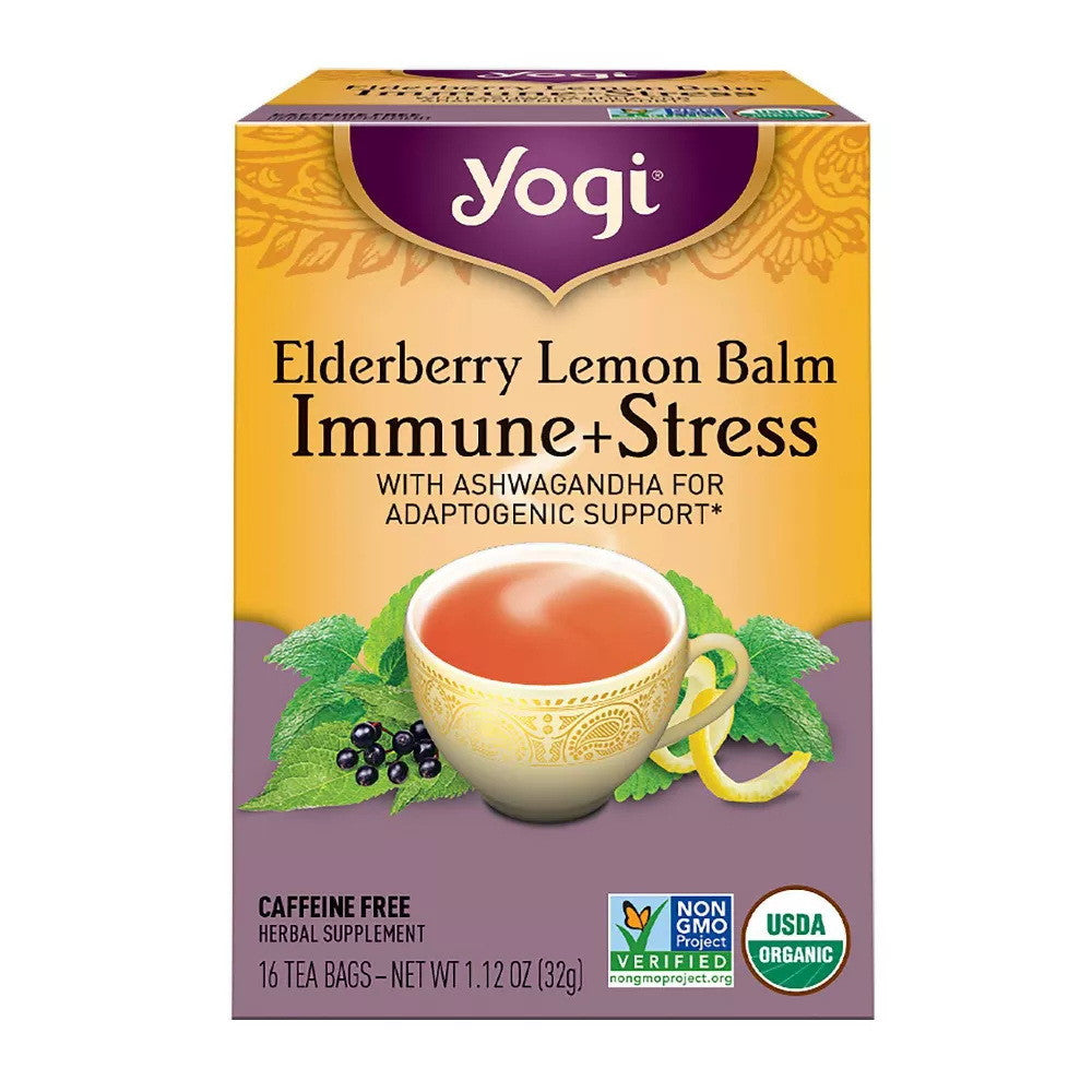 Yogi Elderberry Lemon Balm Immune Plus Stress Tea Bags, Caffeine Free, 16 Ea
